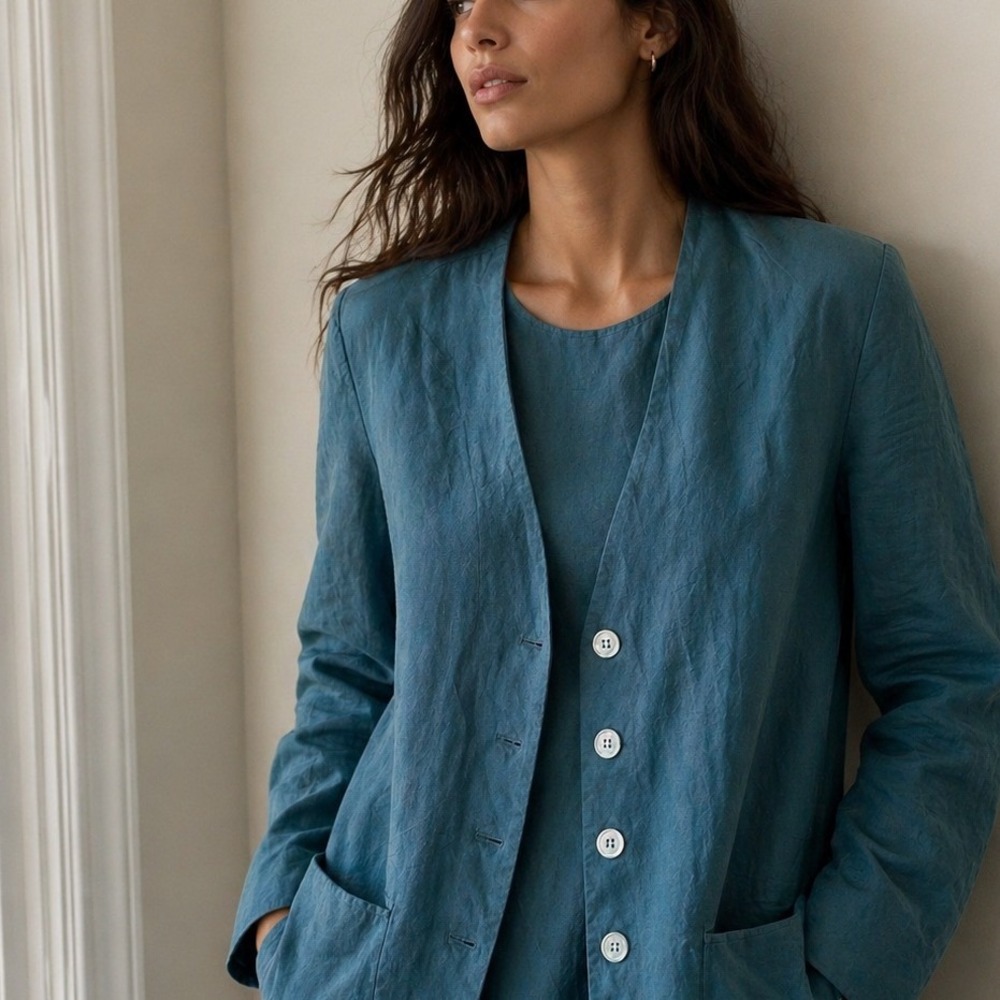 Karen Kane Vintage Teal Blue Collarless Button Front Blazer Jacket Womens Large